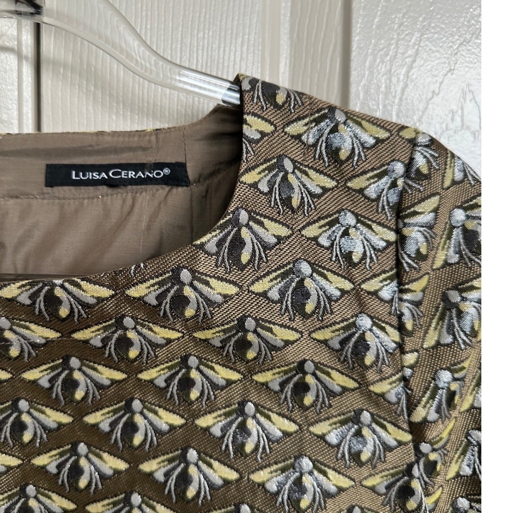 Luisa Cerano Bee Insect Print Metallic Jacquard Shift Dress Gold Brown 12 - Picture 2 of 8
